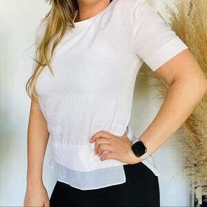 HELMUT LANG Silk White Short Sleeve Tee Shirt Blouse Textured Two Layer Top XS